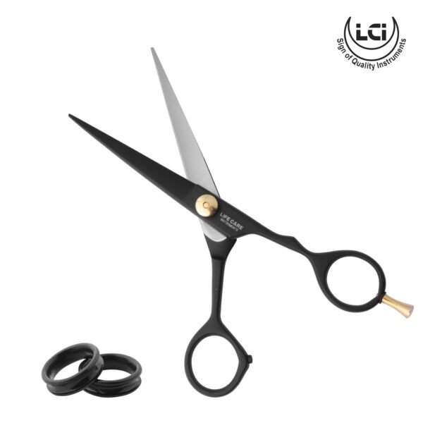 "Introducing Life Care Instruments' Professional Hair Cutting Scissors, the ultimate tool for precision hairdressing. Crafted with premium stainless steel (440c) blades in a sleek black finish, our Japanese-style scissors deliver unparalleled performance and durability. With a 6-inch size and 3-inch convex blade edge, achieve flawless cuts effortlessly. Elevate your salon experience with ergonomic stainless steel handles for optimal control. Upgrade your hairdressing toolkit with Life Care Instruments today!" Life Care Instruments Professional Hair Cutting Scissors Stainless Steel Scissors Japanese Style Scissors Convex Blade Scissors Hairdressing Tools Barber Scissors Salon Equipment Haircutting Supplies Hair Scissors
