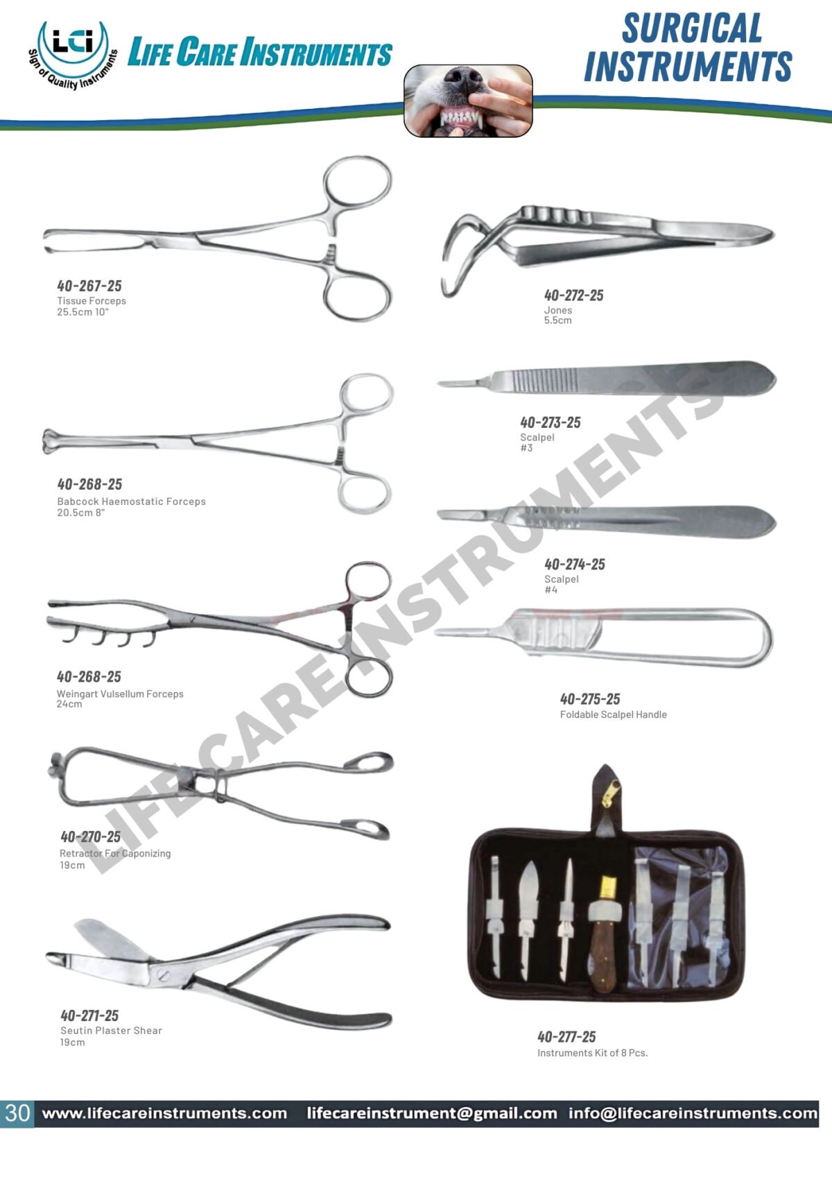 Tissue Forceps 25.5cm, Babcock Haemostatic Forceps 20.5cm, Weingart Vulsellum Forceps 24cm, Retractor Ear Cupping 19cm, Seutin Plaster Shear 19cm, Jones 5.5cm, Scalpel #3, Scalpel #4, Foldable Scalpel Handle, Instruments Kit of 8 Pcs.